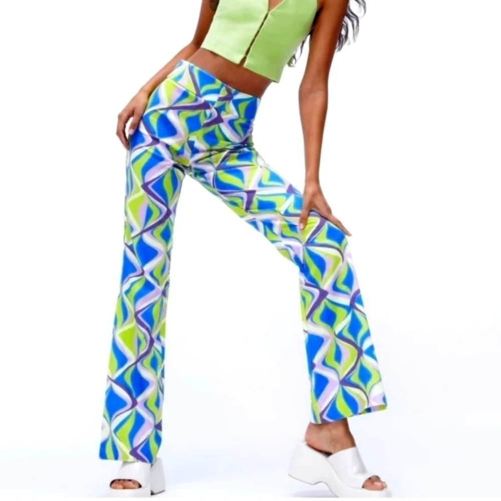 ZARA RETRO SIZE XS BLUE GREEN FLARED SUMMER PANTS SWIRL SPRING VACATION NWT‎